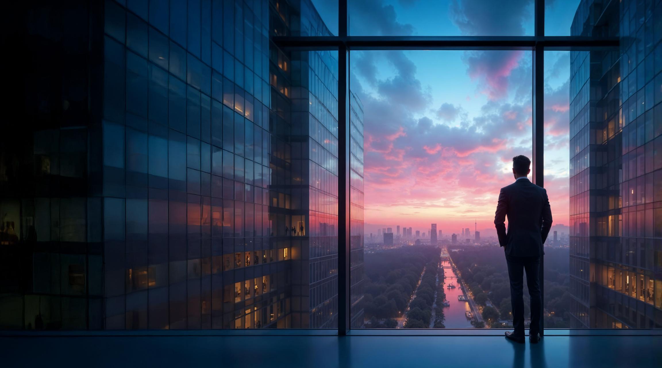 A panoramic view of a modern city skyline at dusk